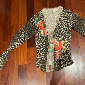 Cardigan with a leopard print pattern, floral accents, and beading